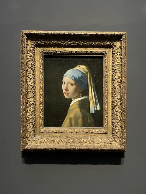 A framed portrait of a girl wearing a pearl earring.
