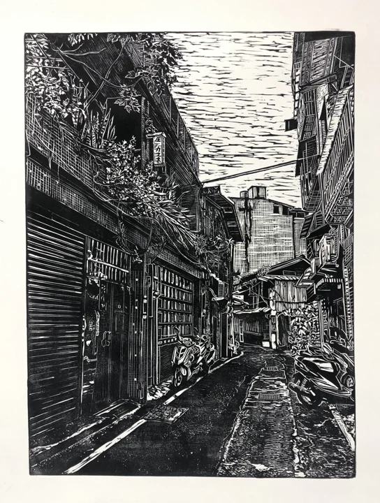 Black-and-white drawing of a narrow alley, with storefronts and overhead wires.