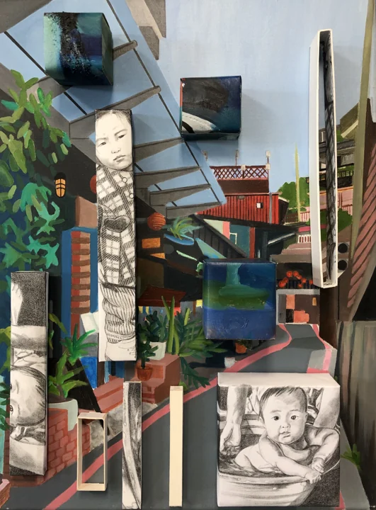 Layered cityscape collage combining buildings, portraits, and geometric shapes.
