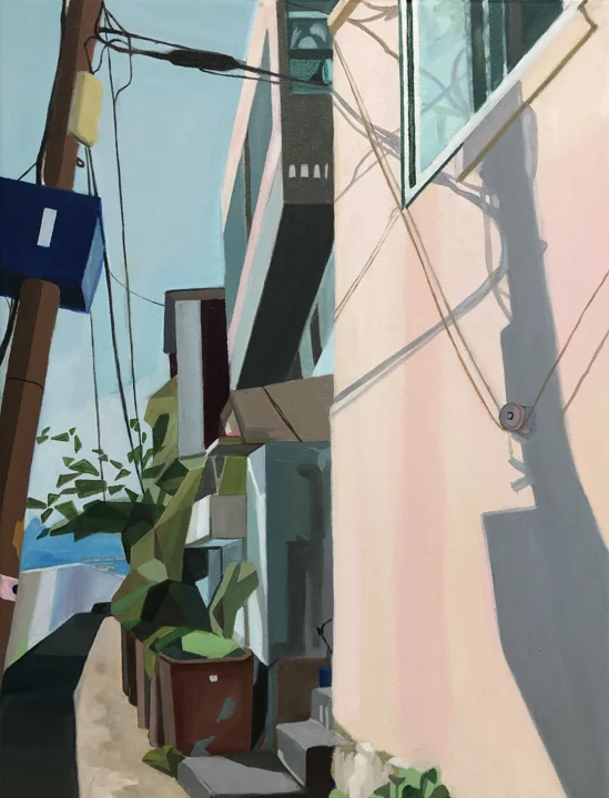 A stylized view up a narrow street, with angular buildings and utility wires.