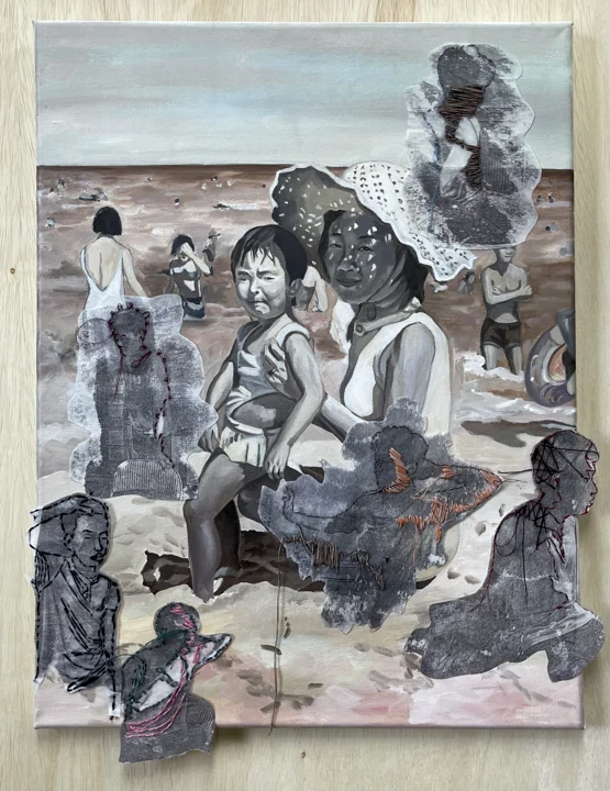 Collage of figures and photographs layered with fabric-like textures.