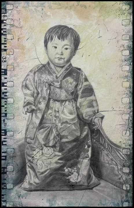 A child drawn over textured paper and layered handwritten markings.
