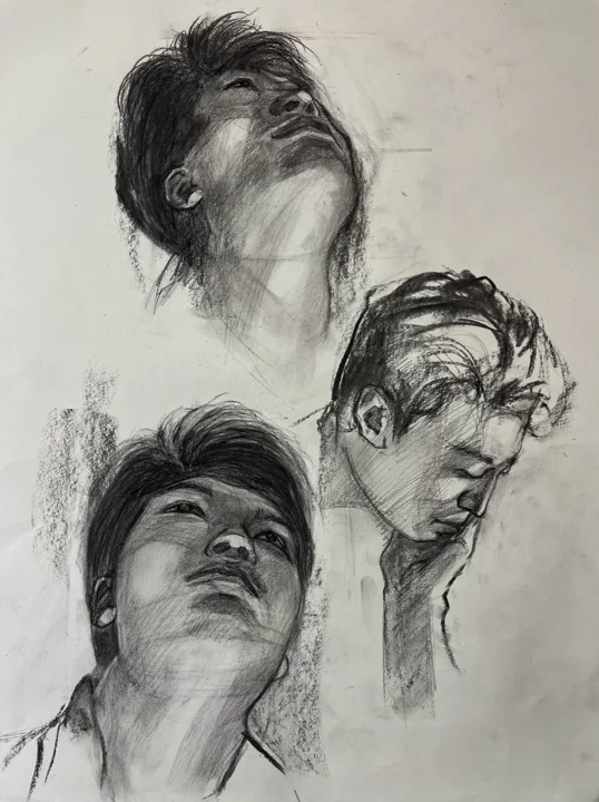 Expressive charcoal studies of faces viewed from different angles.