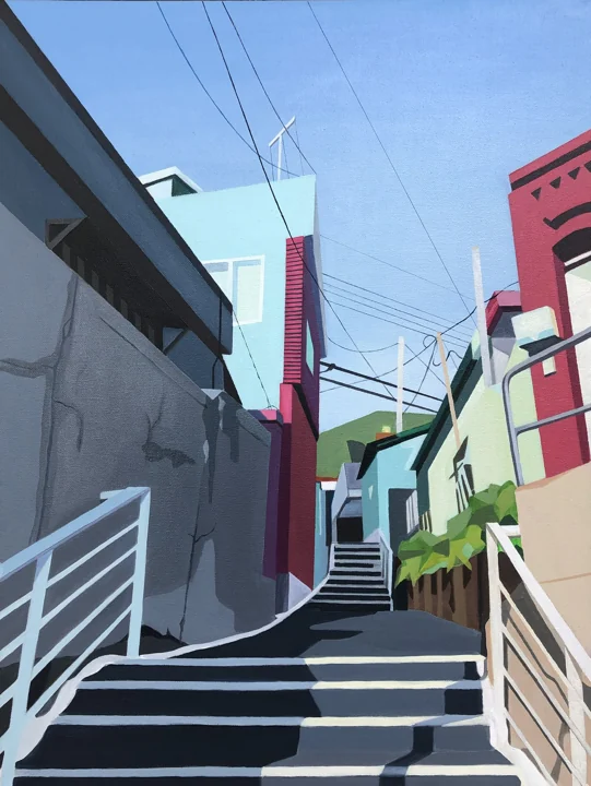 Colorful architectural illustration of steps between buildings under a blue sky.