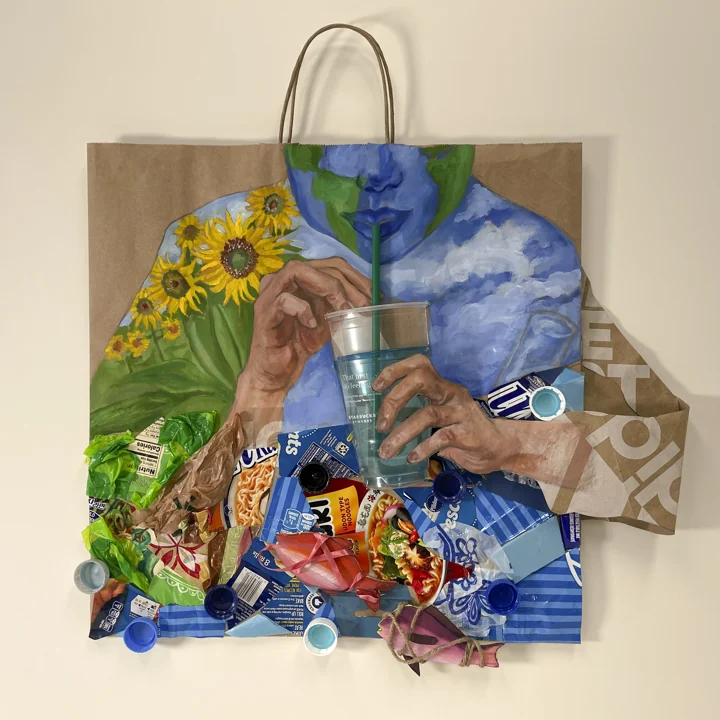Mixed-media composition of shopping bags, packaging, flowers, and natural forms.