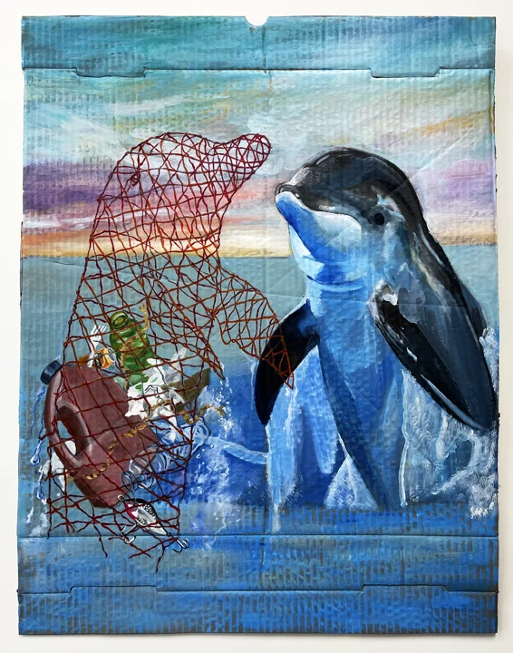 An orca beneath a red shopping cart in a textured blue composition.