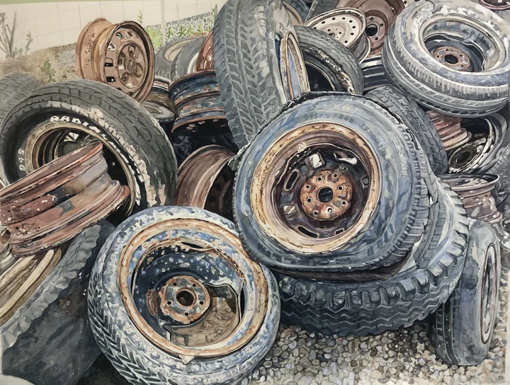 A detailed study of discarded tires and metal wheel rims.