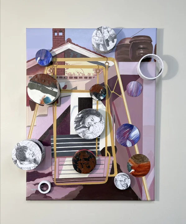 A layered assemblage of photographs, circles, cords, and colorful objects.
