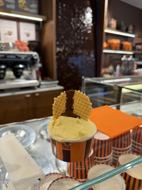 A cup of ice cream topped with a wafer and chocolate at a shop counter.