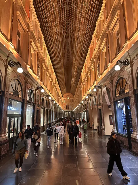 Shoppers walking through an illuminated covered arcade.