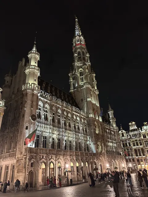 An ornate illuminated building and tower at night.