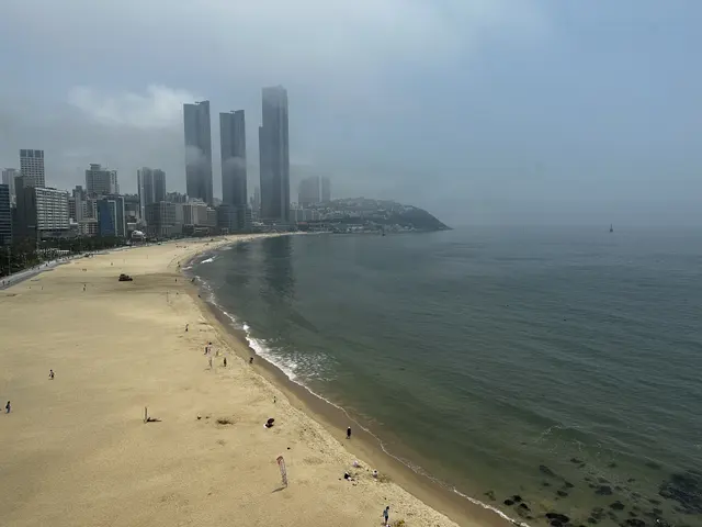 A sandy beach and shoreline beside tall city buildings.