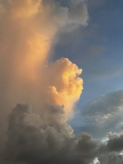 Tall clouds glowing gold in evening light.