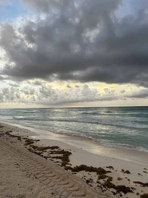 Waves washing onto a beach beneath dramatic clouds.