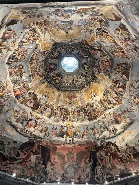 Painted figures covering the inside of a cathedral dome.