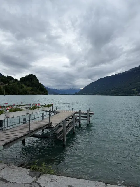 A wooden landing and flower boxes beside pale turquoise water, framed by forested mountains.