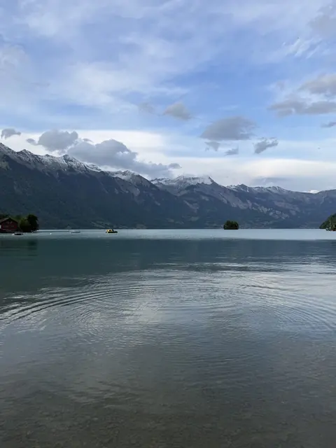 Ripples on the lake with a small wooded island, boats, and distant mountain slopes.