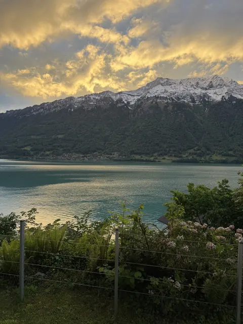 Golden sunset clouds glow above snow-dusted mountains and reflect softly on the lake.