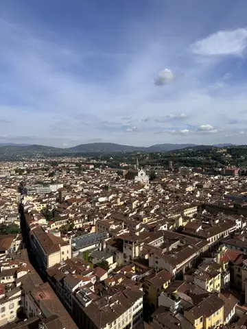 A view across terracotta rooftops toward distant hills.