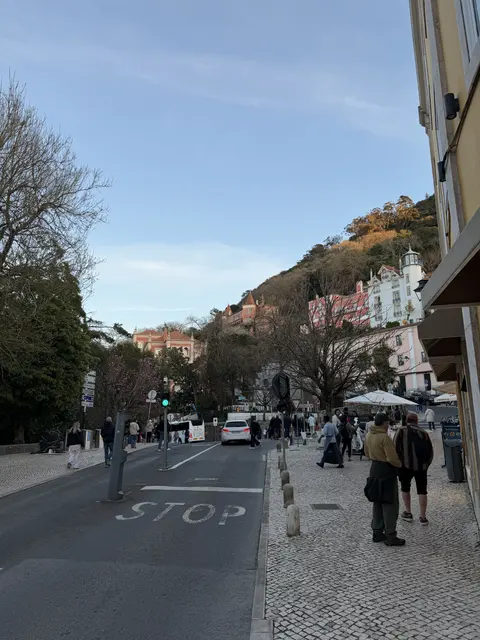 Pedestrians on a street beneath a wooded hillside.