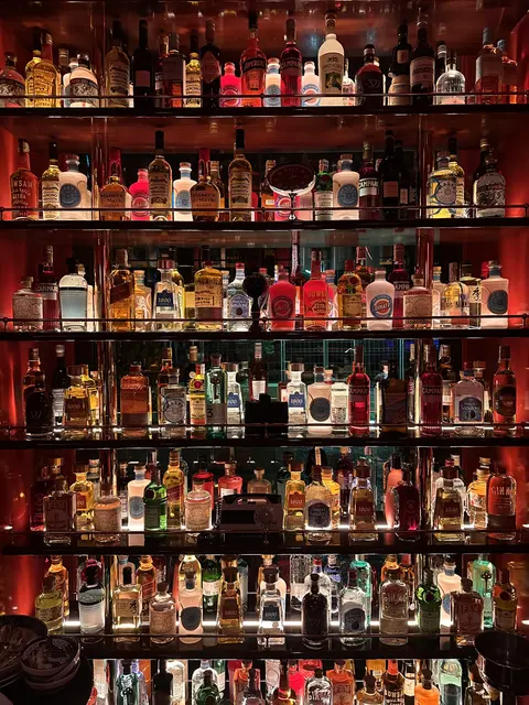 Shelves filled with bottles behind a warmly lit bar.