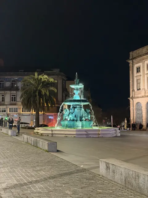 A turquoise-lit fountain and a palm tree in a city square at night.