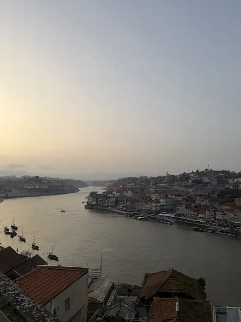 Boats and riverside buildings along a wide river at sunset, seen above tiled rooftops.