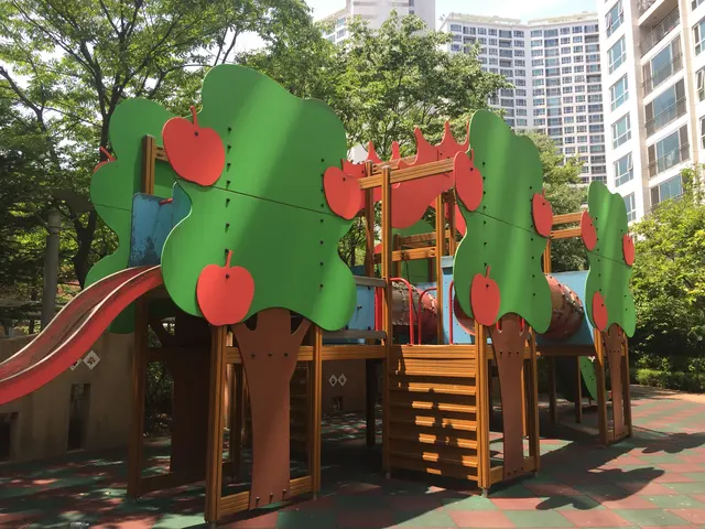 A colorful playground beneath leafy trees.