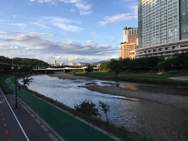 A riverside path and city buildings beneath scattered clouds.